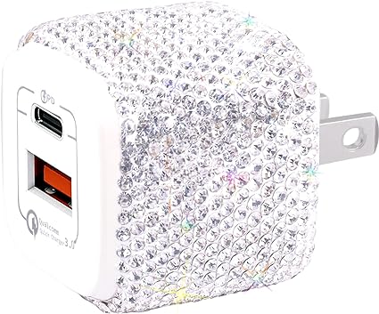 USB C Wall Charger 20W Bling PD & QC 3.0 2 Port Charger with 20W Mini USB-C Power Adapter Compatible with iPhone iPad AirPods Samsung Galaxy and More