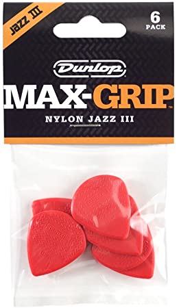 Dunlop 471P3N Max Grip Jazz III Nylon Guitar Picks, Red, 6-Pack