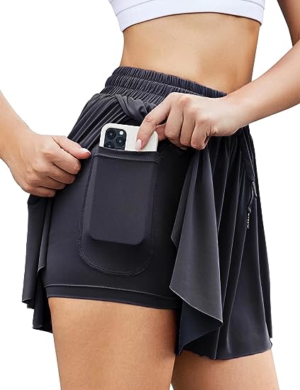 Bloggerlove 2 in 1 Flowy Running Yoga Shorts for Women Gym Fitness Workout Athletic Spandex Shorts with Pocket