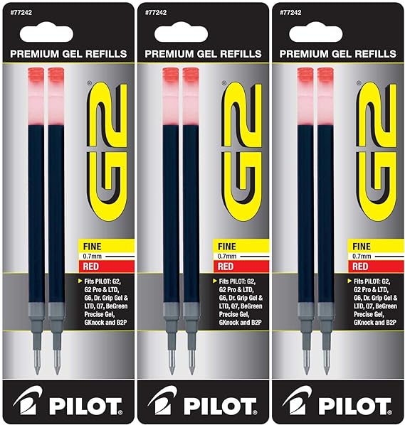 Pilot G2 Gel Ink Pen Refills, Fine Point, 0.7mm, Red Ink, 6 Refills