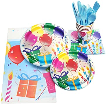 130 Piece Birthday Party Supplies - Serves 16 - Including - 9" Plates, 7" Plates, Napkins, Cups, Forks, Spoons, Knives, And Tablecloths