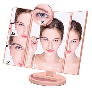 Makeup Mirror Lighted Makeup Vanity Mirror with 21 LED Lights, 3X/2X Magnification and Detachable 10X magnifying mirror,Tri-flod LED Makeup Mirror with touch screen (Rose Gold)