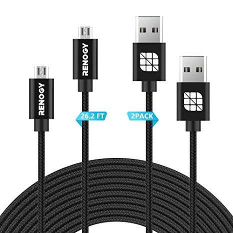 Renogy 2-Pack 26.2ft Power Extension Cable Nylon for WyzeCam, Wyze Cam Pan, Yi Camera, NestCam Indoor, Furbo Dog, Amazon Cloud Cam, USB to Micro USB Charging Cord for Security Cam with Wire Clips