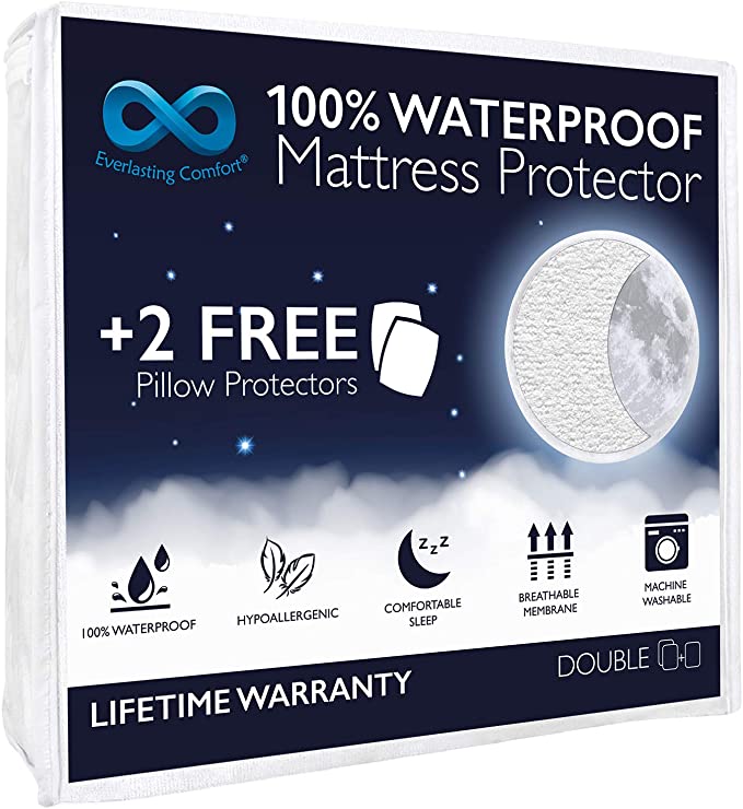 Everlasting Comfort Waterproof Double Size Mattress Protector - 2 Pillow Protectors - Fitted Sheet Cover for Bed - Quiet Dual Layer Plastic Membrane Pad