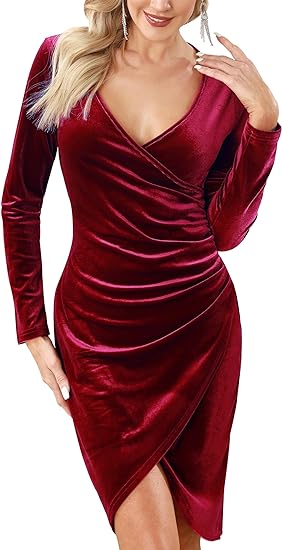 Aphratti Women's Fall Velvet V Neck Long Sleeve Split Wrap Ruched Bodycon Cocktail Party Dress for Wedding Guest 2023