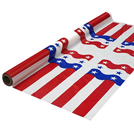 Party Essentials Printed Plastic Banquet Table Roll Available in 27 Colors, 40" x 100', Patriotic Stars