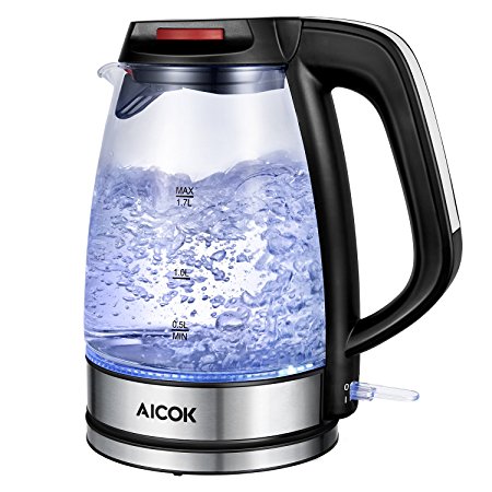 Aicok Electric Kettle 1500W Fast Glass Kettle Premium Strix Thermostat Control Water Kettle Auto Shut Off With Boil Dry Protection, LED Lighting Cordless Kettle FDA Certified Tea Kettle, 1.7 Liter