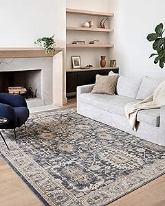 Loloi II Teagan Collection TEA-03 Denim / Pebble 6'-7" x 9'-2", .25" Thick, Area Rug, Soft, Durable, Neutral, Woven, Low Pile, Non-Shedding, Easy Clean, Living Room Rug