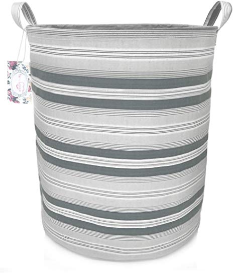 TIBAOLOVER 19.7" Large Sized Waterproof Foldable Canvas Laundry Hamper Bucket with Handles for Storage Bin,Kids Room,Home Organizer,Nursery Storage,Baby Hamper (Gray Stripe)