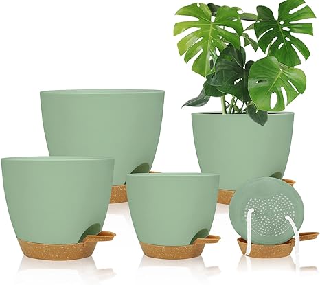 Self Watering Planters with Drainage Holes Reservoir,Nursery Planting Pot for Indoor Decor Garden Plants Succulents,Snake Plant, African Violet,Plastic Flower Pots Set 7 6.5 6 5.5 5 Inch (Green)