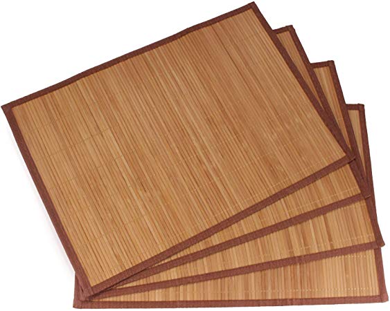 BambooMN Brand - Bamboo Slat Placemat with Brown Fabric Border, Carbonized Brown - 6pc