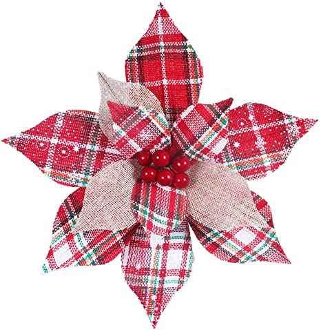 6 Pcs Christmas Tartan Plaid and Burlap Poinsettia with Red Berries Flower Picks Christmas Tree Ornaments 9.8" Wide for Rustic Vintage Christmas Tree Wreaths Garlands Winter Wedding Decoration