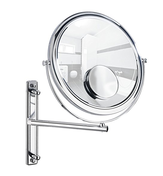 WENKO 3656370100 Wall-mounted cosmectic mirror Bivona - with swivelling arm, mirror surface diam. 10 inch, 3/7 x  magnification, Steel, 11.8 x 13.4 x 8.9 inch, Chrome