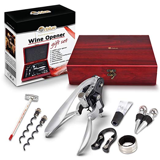 ORBLUE Rabbit Wine Corkscrew Gift Set 9 pc w/Premium Wood Case - The All in One Accessory Kit for any Vino Enthusiast