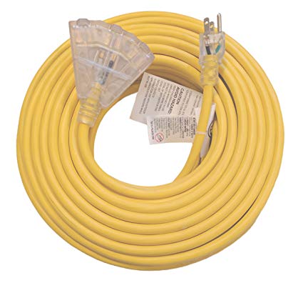 100-ft 12/3 Heavy Duty 3-Outlet Lighted SJTW Indoor/Outdoor Extension Cord by Watt's Wire - Long Yellow 100' 12-Gauge Grounded 15-Amp Three-Prong Power-Cord (100 foot 12-Awg)