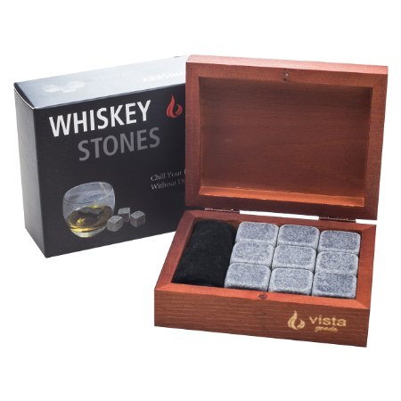 Whiskey Stones Set By Vista. Premium Fast Chilling Whiskey Rocks With No Dilution. 9 Pcs Soapstone Whiskey Gift Set Includes Wood Box and Velvet Freezer Bag. Perfect Bar Set Gift