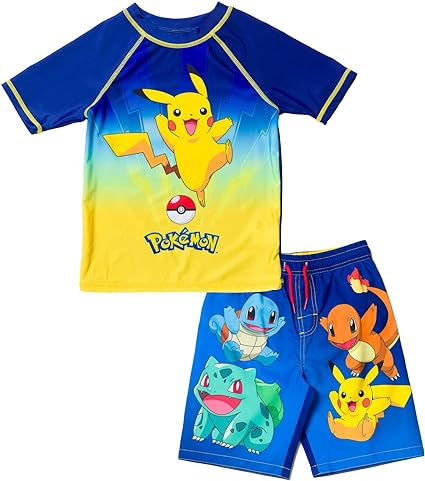 Pokemon Bulbasaur Charmander Squirtle Pikachu Pullover Rash Guard and Swim Trunks Outfit Set Toddler to Big Kid