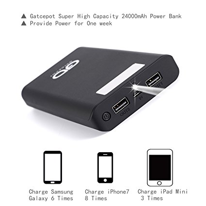 Gatcepot Portable Charger Power Bank 24000mAh External Battery Pack With Smart LED Display and 2 ports for iPhone iPad Samsung Galaxy HTC LG and More Black