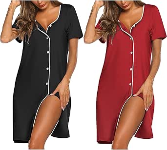 Ekouaer Nightgowns for Women 2 Pack Button Down Sleepshirt Short Sleeve Nightshirt Soft Sleepwear V Neck Pajama Dress