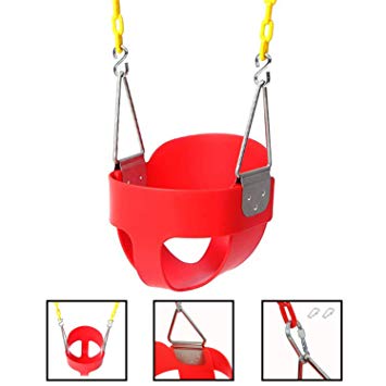 Kepteen High Back Full Bucket Toddler Swing Seat with Safety Coated Swing Chain and Snap Hooks for Kids Toys Outdoor Play Home Garden (Red)