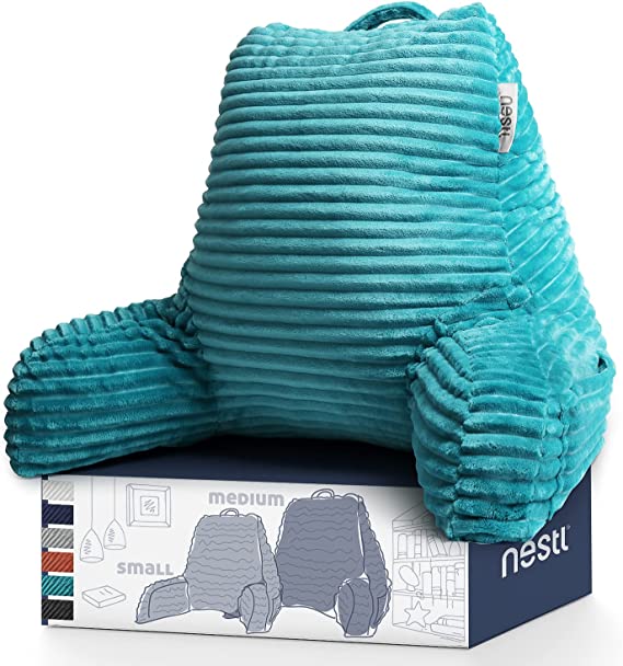 Nestl Reading Pillow – Back Pillow for Sitting in Bed, Plush Bed Chair Pillow, Standard Adult Bed Rest Pillow with Shredded Memory Foam, Bed Pillows for Sitting Up in Bed with Arms and Pockets – Teal