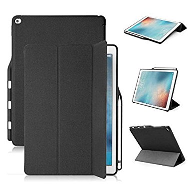 iPAD Pro 12.9 case with Apple pencil holder ,Maxace Premium Rugged Flip PU leather case Full Corner Protection for iPad pro 12.9 with Apple pencil storage (Black)