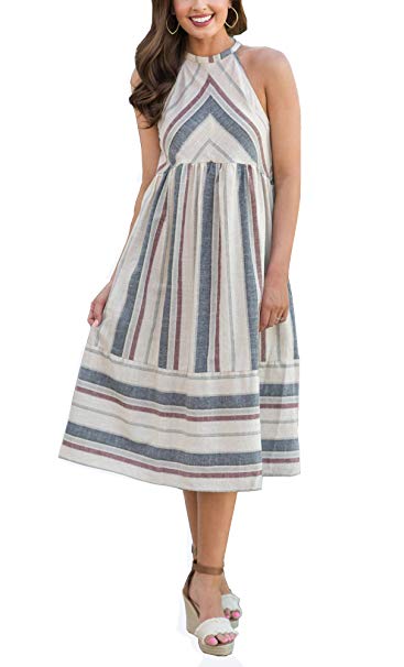 Women's Sleeveless Halter Neck Striped Summer Casual Elegant Midi Dress