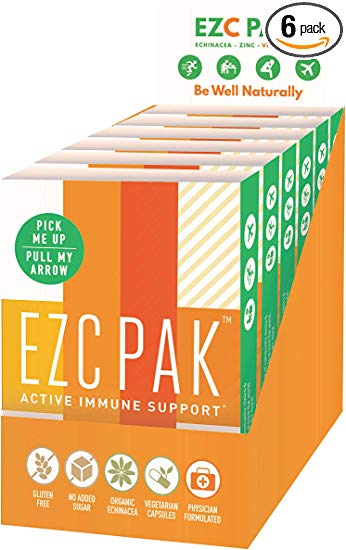 EZC Active Pak Immune System Booster (Pack of 6) - Echinacea, Zinc, and Vitamin C, Gluten-Free Vegetarian On-The-Go Immune Support Pack