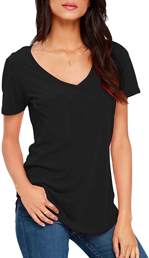 Sarin Mathews Womens Shirts Short Sleeve Tops V Neck Patch Pockets Loose Summer Casual Tops T Shirts