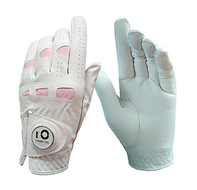 Women’s Leather Golf Glove with Ball Marker Extra Grip Value Pack, Left Right Hand Pink Fit Woman Girl, Size Small Medium Large XL, By Finger Ten