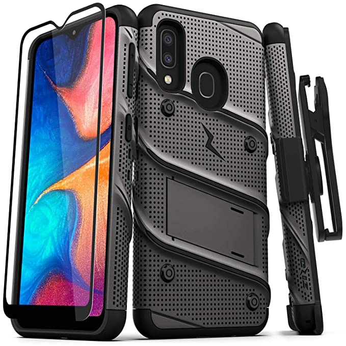 ZIZO Bolt Series Samsung Galaxy A20 Case | Heavy-Duty Military-Grade Drop Protection w/Kickstand Included Belt Clip Holster Tempered Glass Lanyard Galaxy A50 - Metal Gray