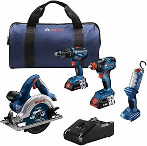 BOSCH GXL18V-497B23 18V 4-Tool Combo Kit with 2-In-1 1/4 In. and 1/2 In. Bit/Socket Impact Driver, 1/2 In. Hammer Drill/Driver, Circular Saw, Worklight with (1) CORE18V 4 Ah Battery & (1) 2 Ah Battery