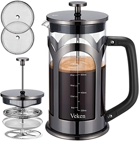 Veken French Press Coffee & Tea Maker, 304 Stainless Steel Heat Resistant Borosilicate Glass Coffee Press with 4 Filter Screens, Durable Easy Clean 100% BPA Free, 34oz, Grey