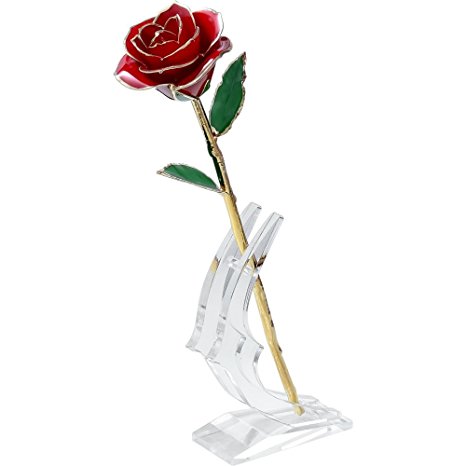Polend Love forever Long Stem Dipped 24k Gold Foil Trim Rose,With the Clear Crystal Stand,Best Gift for Valentine's Day Gifts,Mother's Day, Anniversary, Birthday Gift,Christmas(Red)