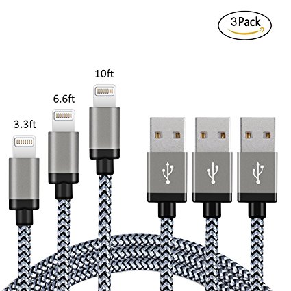 Lightning Cable for Apple Devices, Upow Nylon Braided Lightning Cable to USB Charging & Syncing Cable (3 Pack) for All Apple Lightning Devices, long 1m/2m/3m(3.3ft/6.6ft/10ft) (Silver/Black)