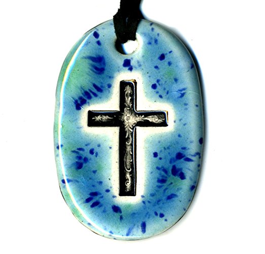 Surly-Ramics Cross Handmade Ceramic Pendant Necklace Spotted Blue