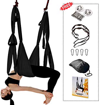Aokitec Aerial Yoga Swing Set - Flying Yoga Hammock Trapeze Sling Kit Antigravity Ceiling Hanging Inversion Tool, Ceiling Anchors & 2 Extension Straps for Beginners Adults & Kids Gym/Home Fitness