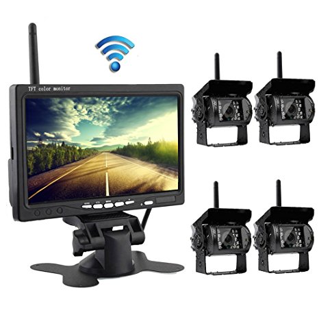 Podofo Wireless Backup Camera System with 7" LCD Color Car Monitor, 4 Rear View Cameras IR Night Vision Waterproof For RV Agricultural Vehicle