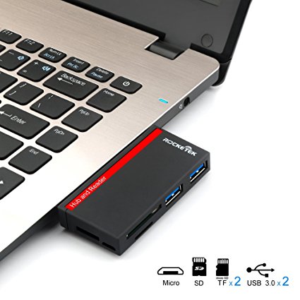 Rocketek USB 3.0 Hub with SD / TF Memory Card Reader Combo for Laptop / PC / Surface Pro / Mac - Support 2 Micro SD Cards   1 SD Cards  2 USB Combo Adapter