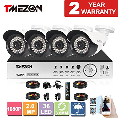 TMEZON 4 Channel 1080P AHD Security Cameras System w/4x HD 2.0MP Day Night vision Indoor/Outdoor CCTV surveillance Camera Quick Remote Access Setup Free App