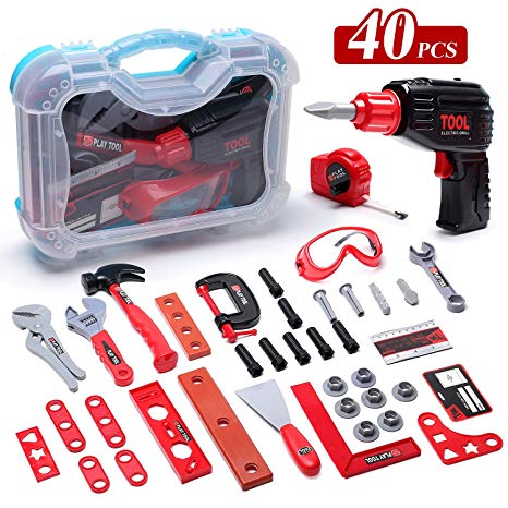 CUTE STONE 40PCS Kids Play Tool, Boys Construction Toy Tool Set with Electric Drill, Toddlers Pretend Play Tool Kit Accessories for Children, Plus Case