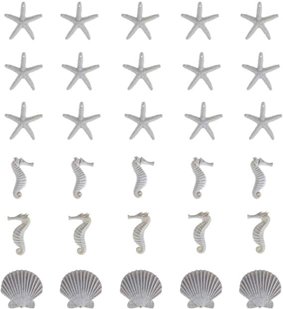 LJY 30 Pieces White Resin Pencil Finger Starfish Seahorse & Seashells Set with Drilled Holes for Wedding Home Decor and Craft Project