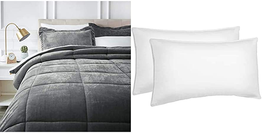 AmazonBasics Ultra-Soft Micromink Sherpa Comforter Bed Set, King, Charcoal - 3-Piece & Down Alternative Bed Pillows for Stomach and Back Sleepers, Set of 2, Soft Density, King