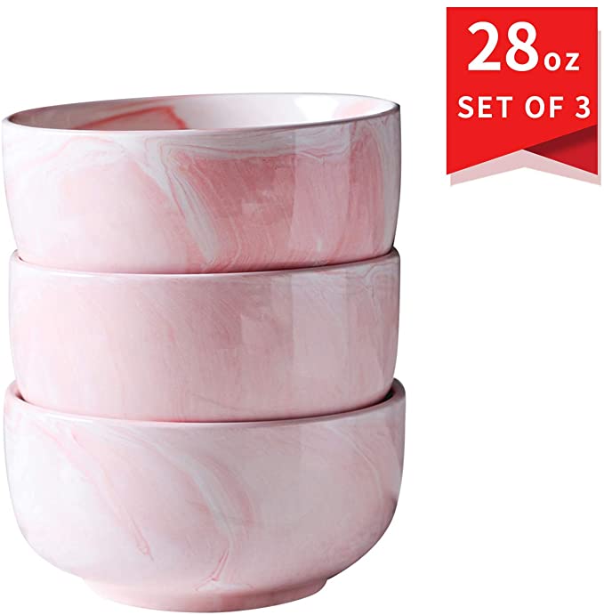 YUNDU 28oz Porcelain bowls ice cream/dessert/cereal bowls, microwave safe bowls for soup bowls set of 3, 6 inch, marble PINK
