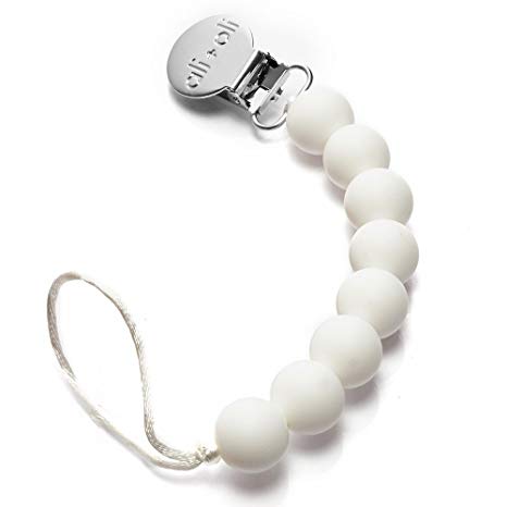 Modern Pacifier Clip for Baby - 100% BPA Free Silicone Teething Beads - Unique WHITE color 2-in-1 Binky Holder for Newborn Infant Baby Shower Gift- Teether Toys - Universal fit MAM - Philips Avent