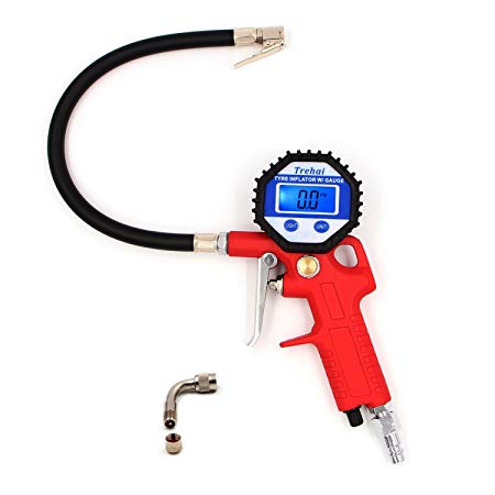 Trehai Tyre Inflator with Digital Pressure Gauge, Integrated Closed, Straight Lock-On Air Chuck, 90 Degree Valve Extender, LCD Backlit Screen (Red)