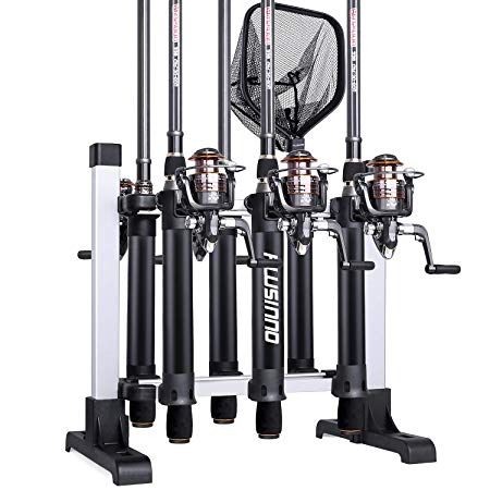 PLUSINNO Portable Fishing Rod Rack, Fishing Rod Holder Storage Organizer, Metal Aluminum Alloy Fishing Pole Ground Stand Display for Freshwater Salterwater Combos Gear Garage, Holds Up to 6 Rods