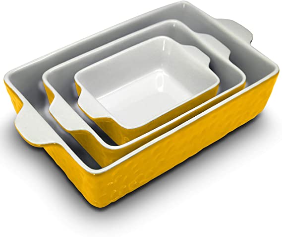 NutriChef 3Pcs. Nonstick Bakeware PFOA PFOS PTFE Tray Set w/Odor-Free Ceramic, 446°F Oven Microwave/Dishwasher Safe Rectangular Baking Pan, Yellow