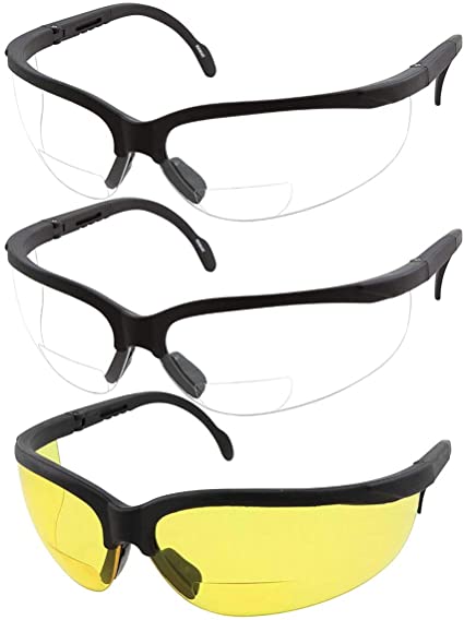 3 Pairs Combo Bifocal Safety Reading Glasses - Assorted Colors Clear Black Yellow Lens - With Side Cover (Diopter  2.00-2 Clear 1 Yellow)