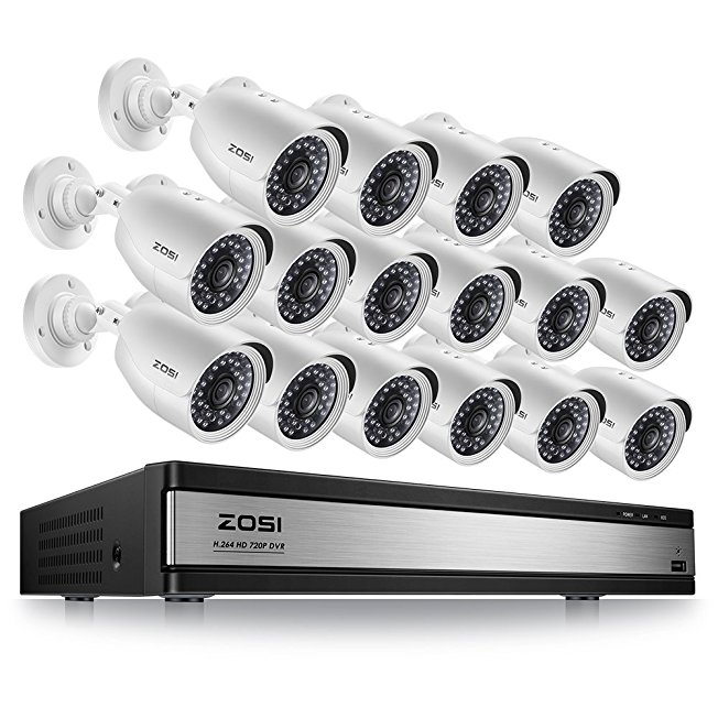 ZOSI 720p 16 Channel Security Camera System,16 Channel Hybrid HD-TVI 1080N Dvr with (16) 1.0MP 720p(1280TVL) Night Vision Outdoor/Indoor Weatherproof Home Surveillance Cameras (No Hard Drive)